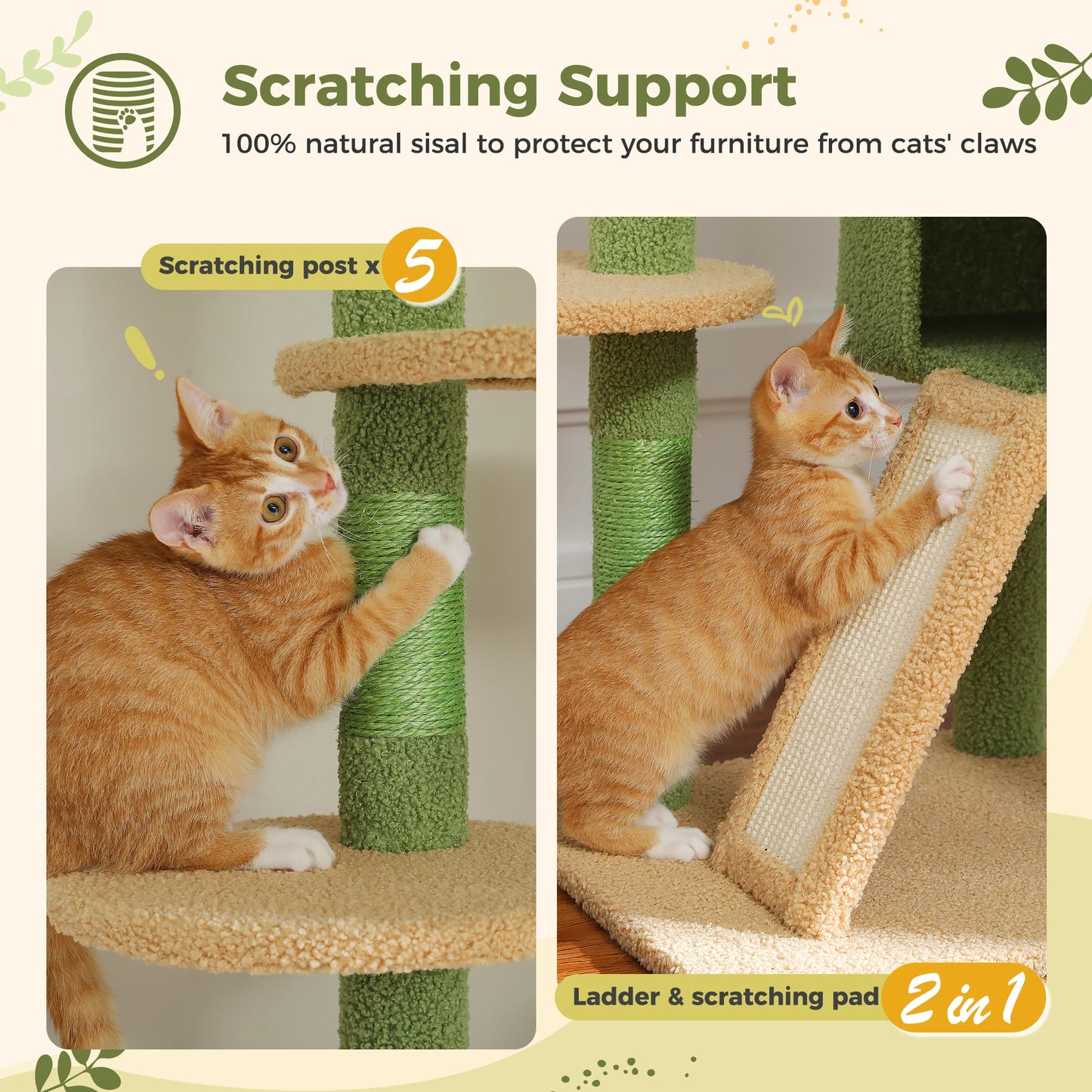 Floor to Ceiling Cat Tree Adjustable Height Wooden Tower with Scratching Posts