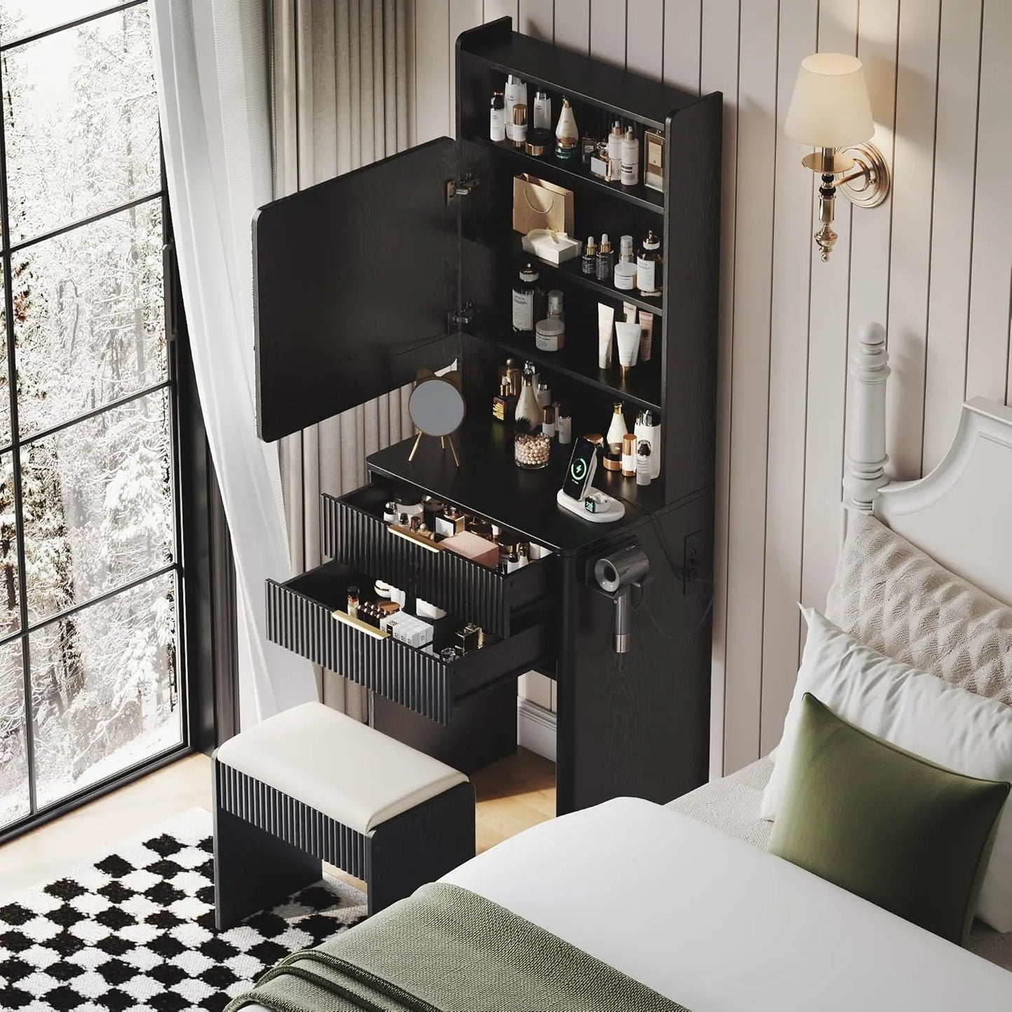 Black Vanity Desk with Mirror LED Lights Charging Station Makeup Table