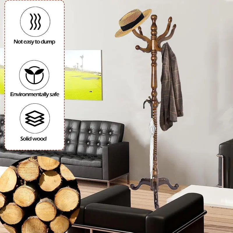 Free Standing Coat Rack with 11 Hooks Adjustable Height Natural Wood
