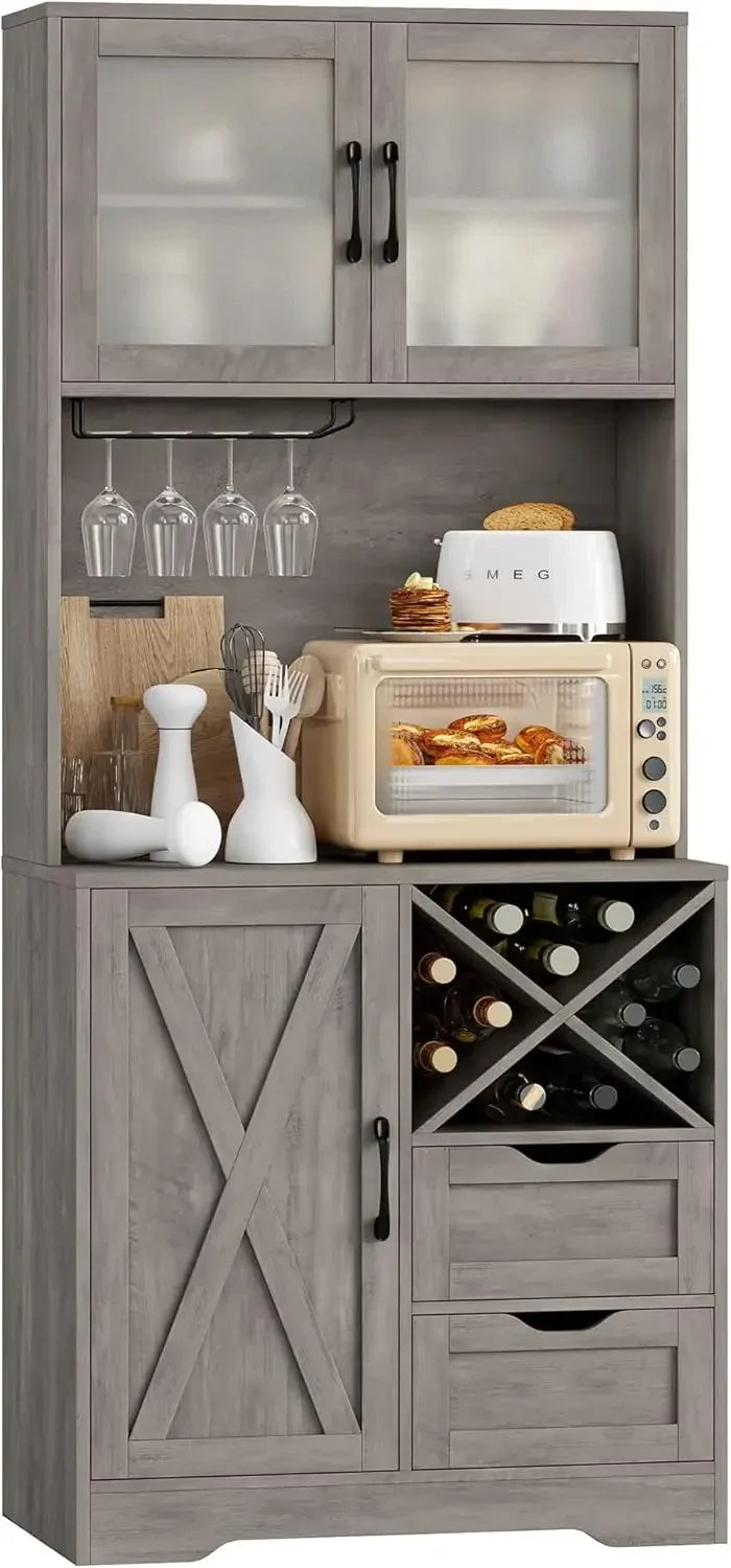 71 inch Kitchen Hutch Pantry Cabinet Buffet Rustic Grey with Adjustable Shelf