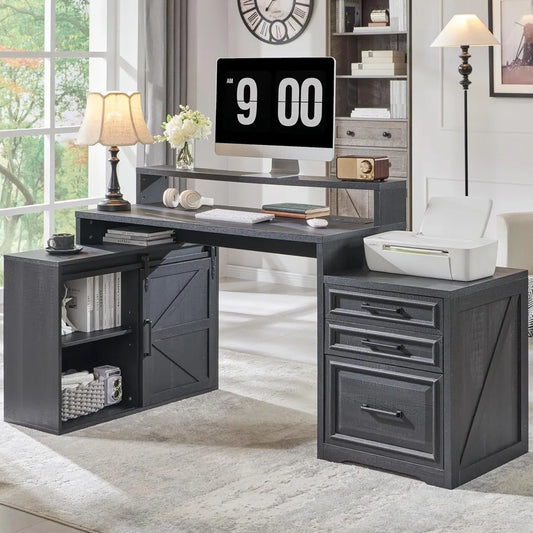 Modern Farmhouse Home Office Desk with File Cabinet 67 Inch