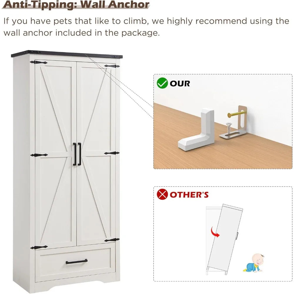 72 Inch Tall Wood Storage Cabinet Farmhouse Pantry Adjustable Shelves