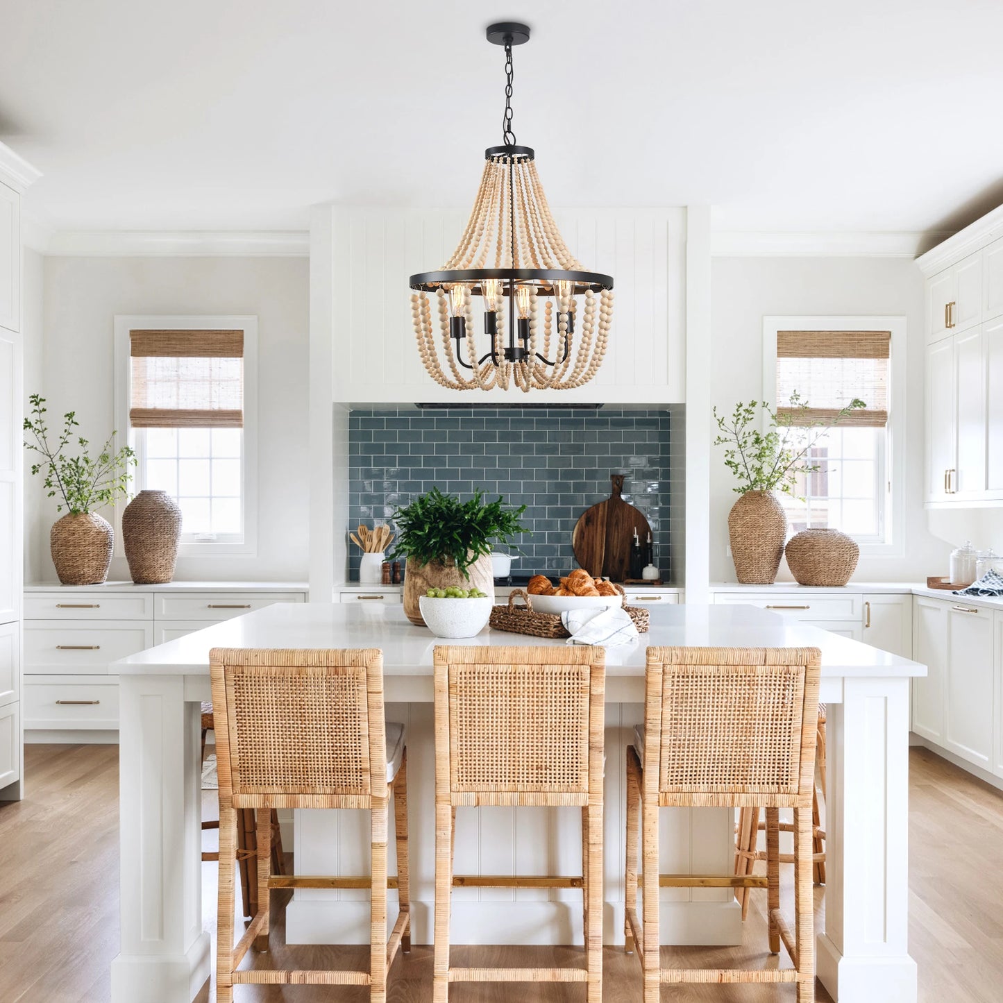 Modern Boho Wood Bead Chandelier Dimmable High Ceilings Bedroom Hall