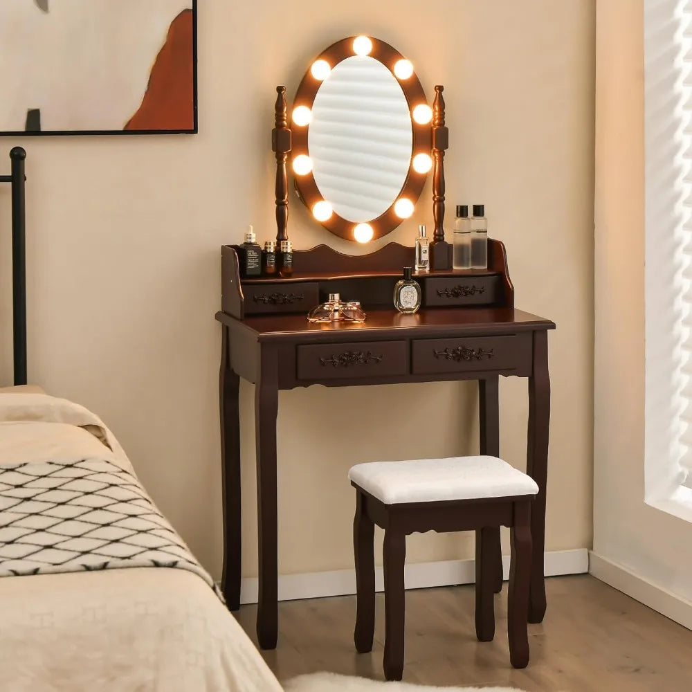 Vanity Table Set Lighted Mirror Adjustable Brightness Makeup Desk
