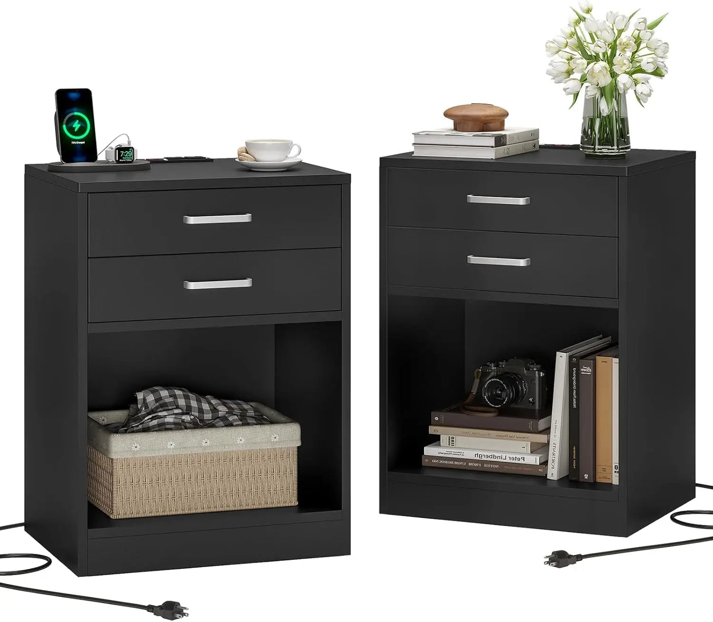 Nightstand with Charging Station Storage Modern Minimalist Bedroom Furniture