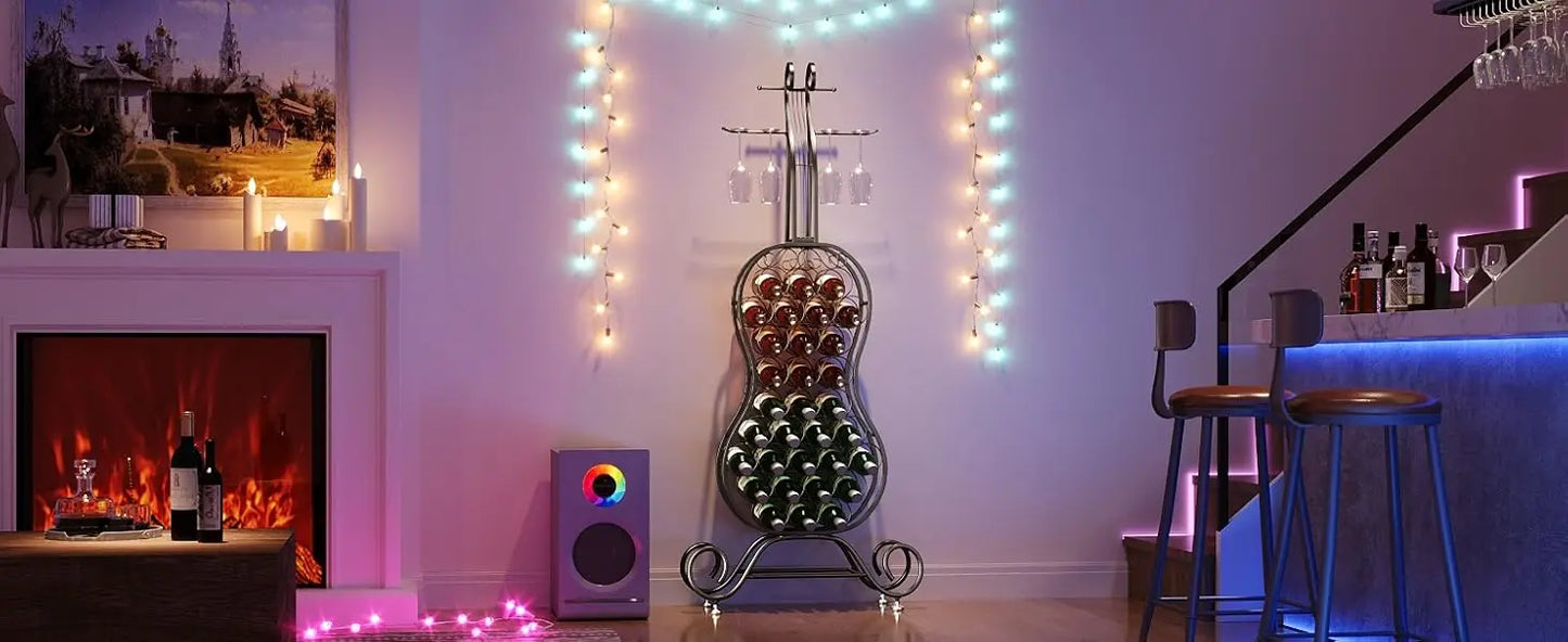 Freestanding Wine Rack for 32 Bottles with Glass Holder Metal Organizer