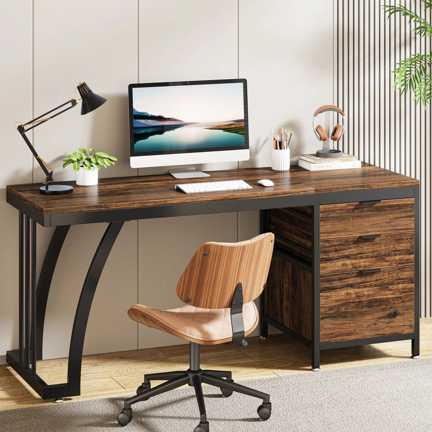 Ljustra 59 Inch Computer Desk with 3 Drawers Industrial Workstation