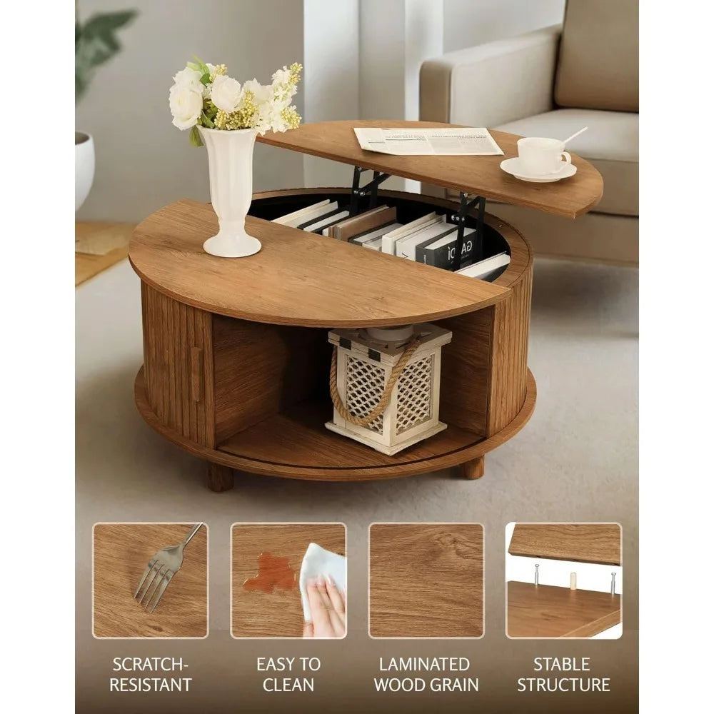 Round Lift Top Coffee Table with Storage Mid Century Modern Design