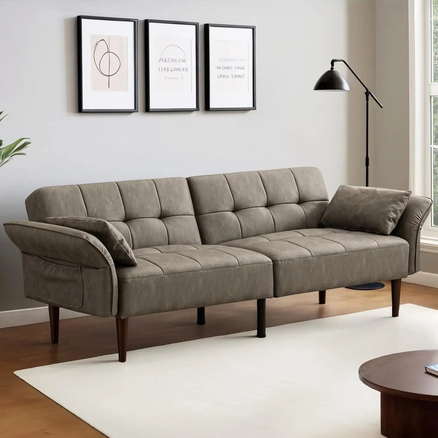 85 Inch Mid Century Modern Faux Leather Futon Sofa Bed Couch Storage