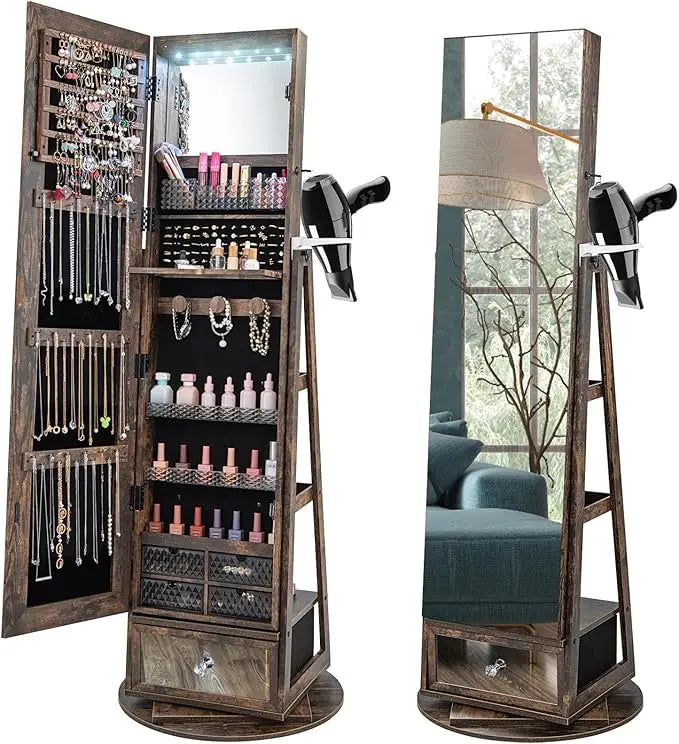 360 Swivel Jewelry Cabinet Armoire Full Length Mirror LED Organizer