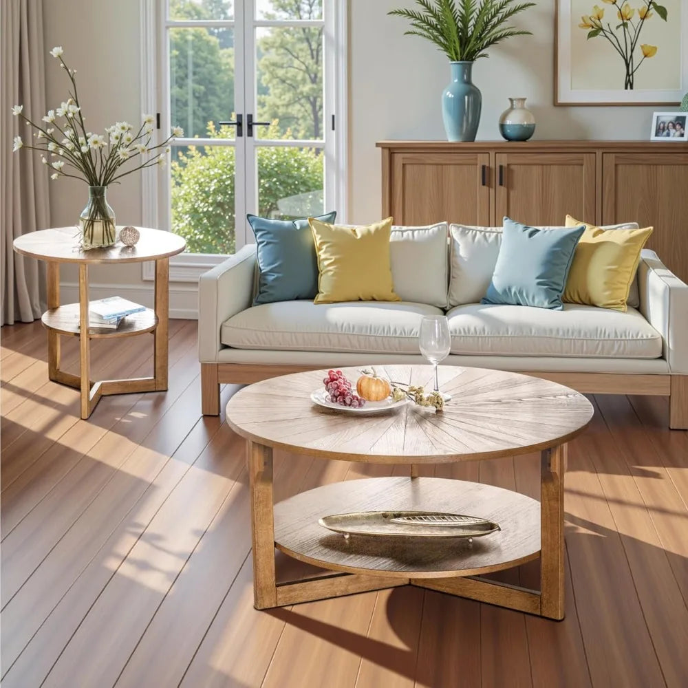 Wood Round Coffee Table 2 Tier Rustic Natural Living Room Storage
