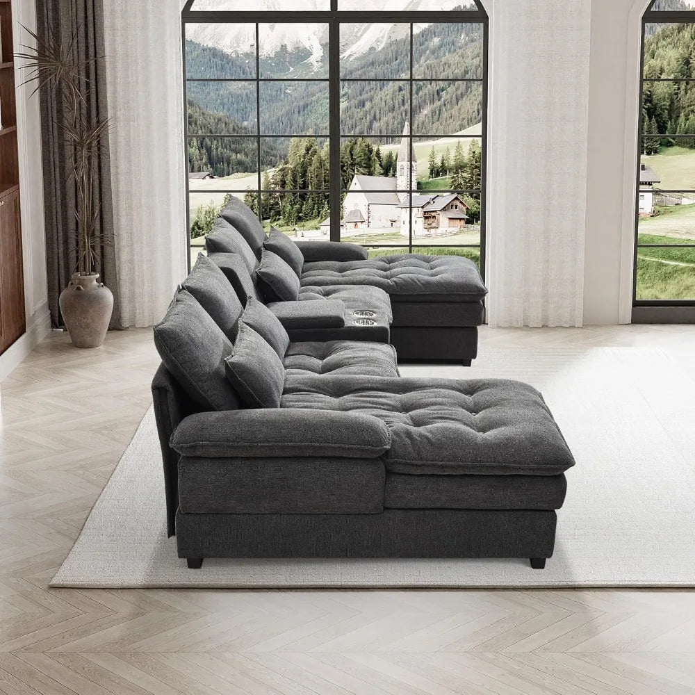 130” U Shaped Cloud Sectional Sofa with Storage & Cup Holders | Fjellheim