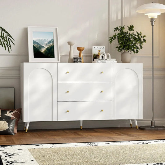 63 Inch White Sideboard Buffet Storage Cabinet Modern Wooden Credenza