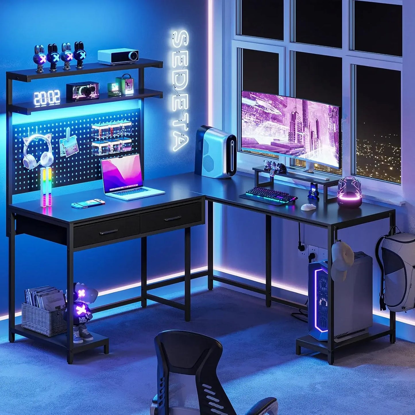 L Shaped Gaming Desk with LED Lights Hutch Monitor Stand Corner Table