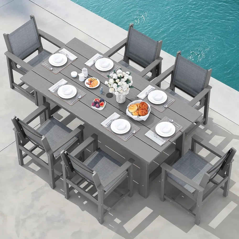7 Piece Outdoor Dining Set for 6 with Umbrella Hole Rectangular Table