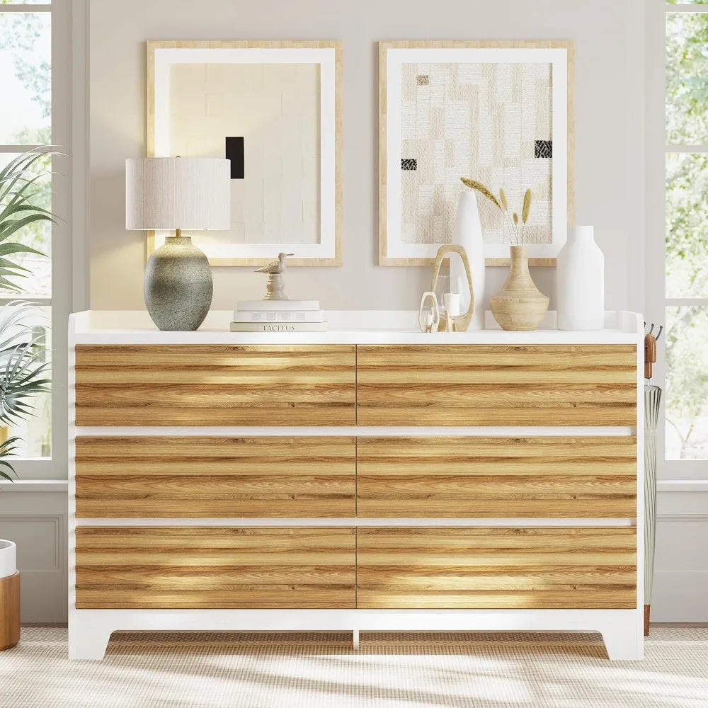 Fluted Dresser 59" Wide Wood Chest with 6 Drawers and Hooks for Bedroom