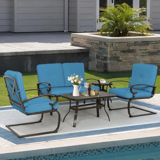 5 Piece Metal Outdoor Furniture Set Wrought Iron Patio Chairs Cushions