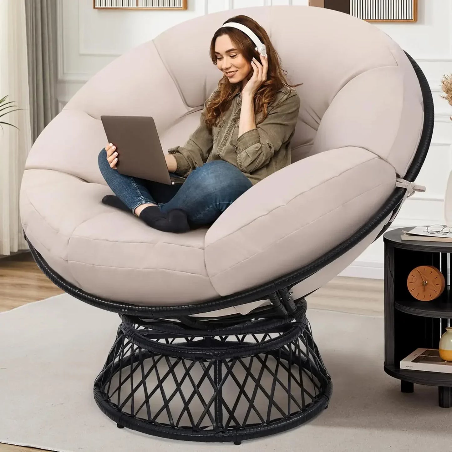 Oversized Rattan Papasan Chair 360° Swivel Waterproof Cushion