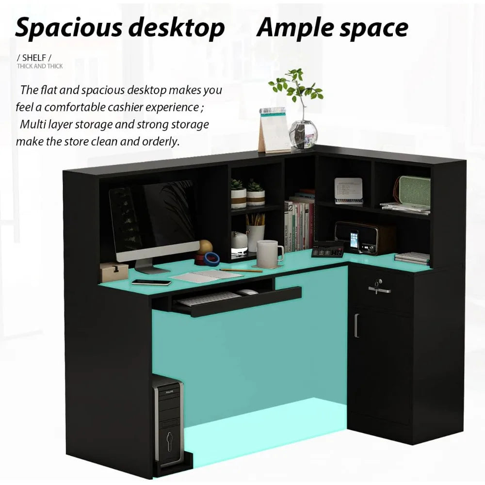 L-Shape Reception Desk with Open Shelf and Drawers Wooden Office Table