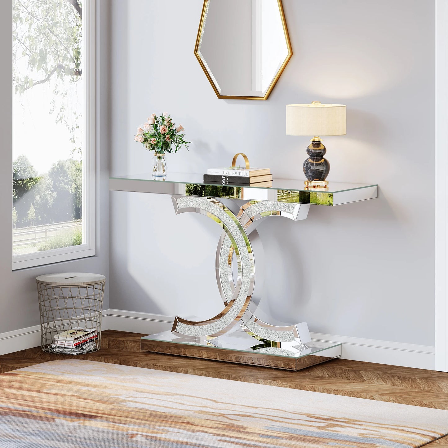 Ljustra Modern 39-Inch Console Table Faux Marble Gold Metal Legs
