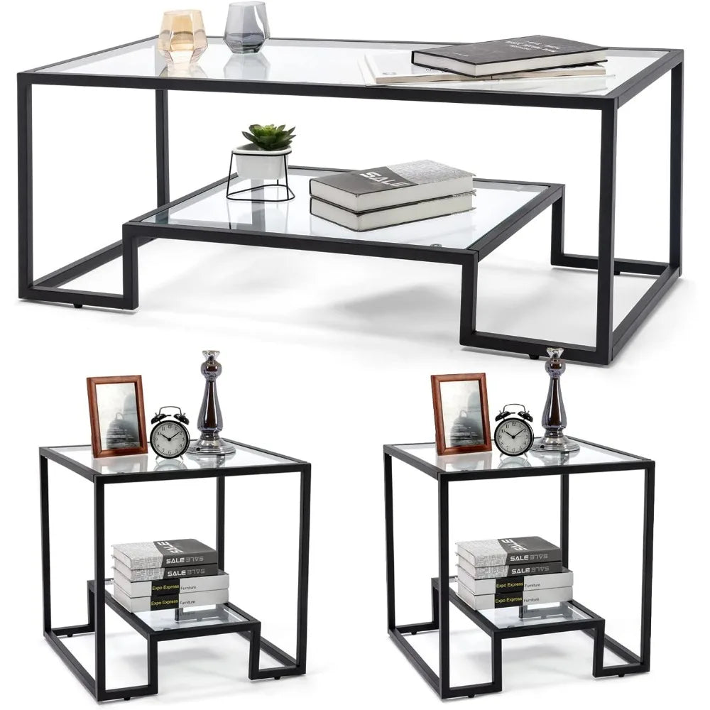 Modern Glass Coffee Table Set with 2 End Tables for Living Room