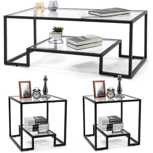 Modern Glass Coffee Table Set with 2 End Tables for Living Room