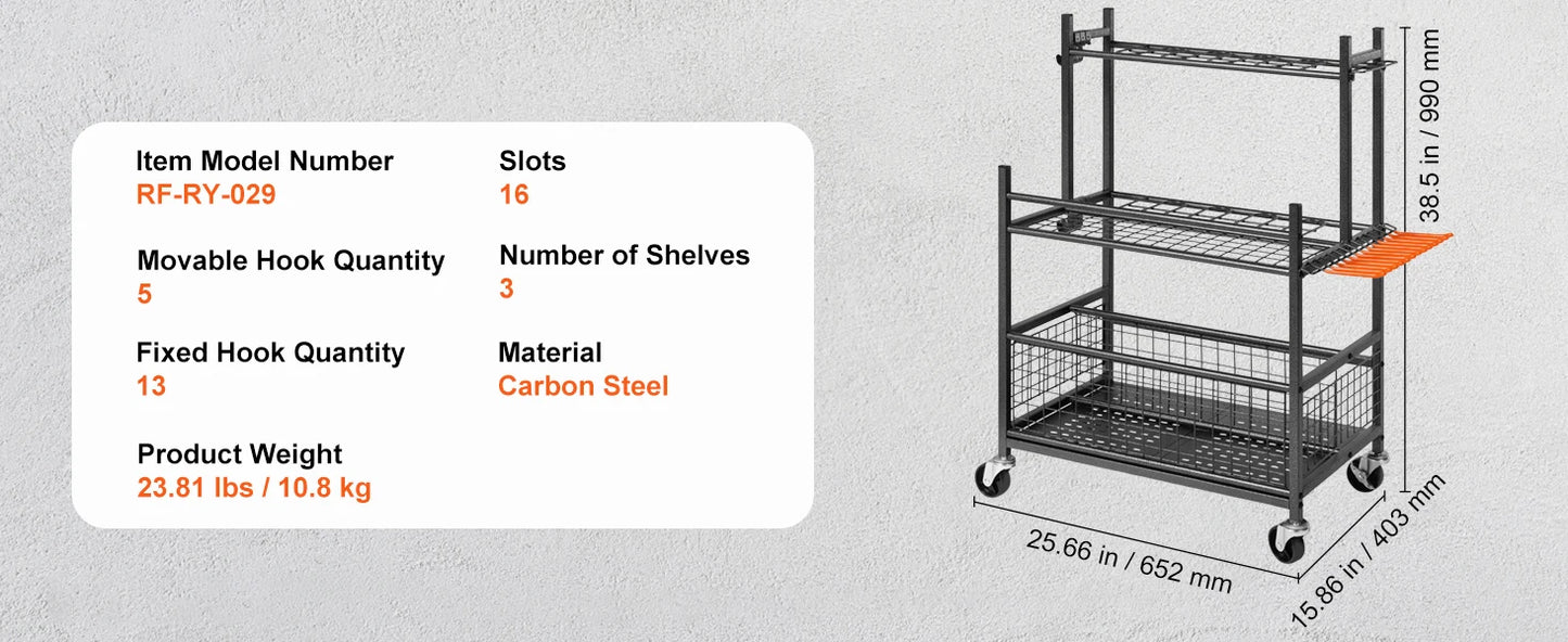 Ljustra Garden Tool Organizer 16 Slots Tool Rack with Wheels for Garage