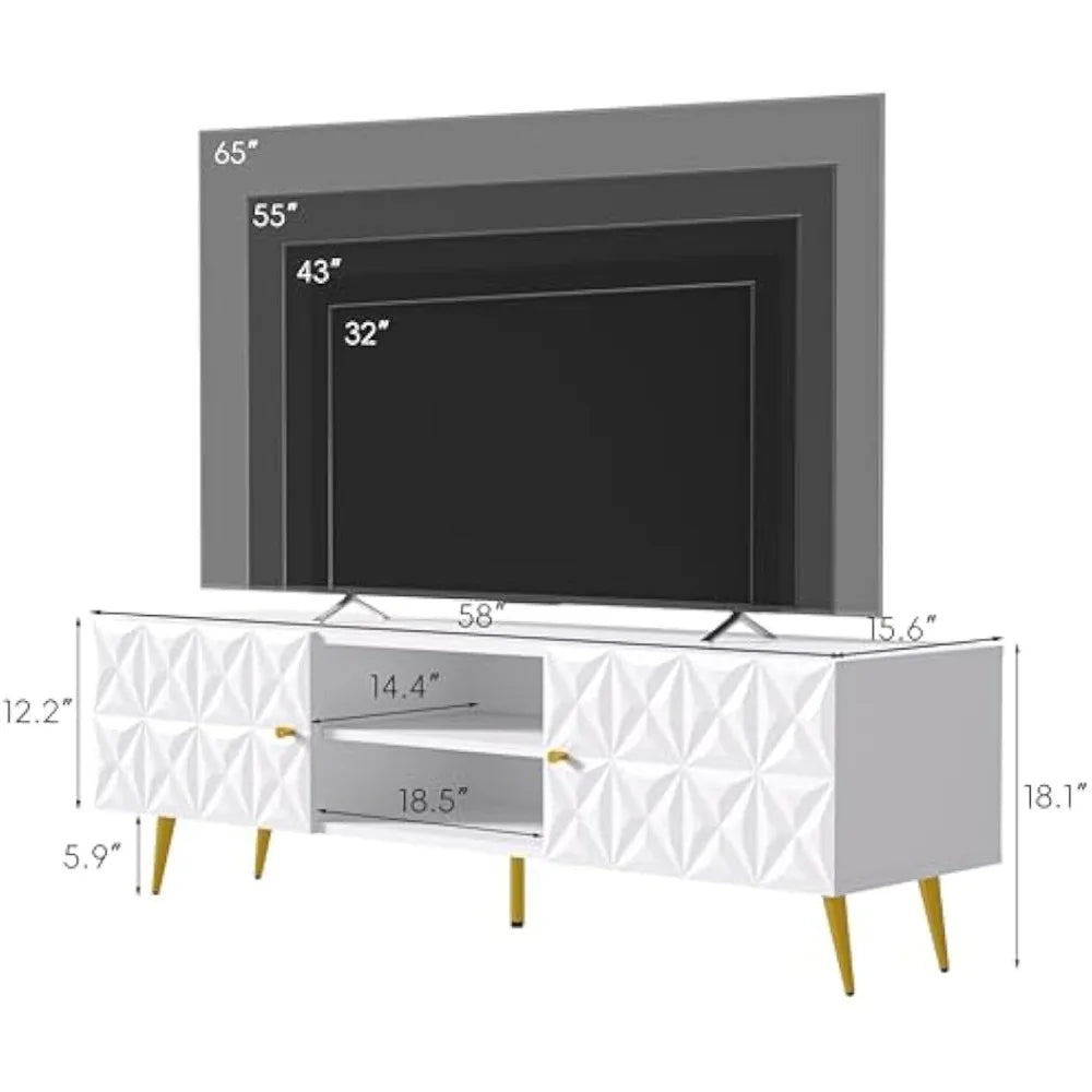 White Modern TV Stand for 65 Inch TV with Storage Cabinets Adjustable Shelves
