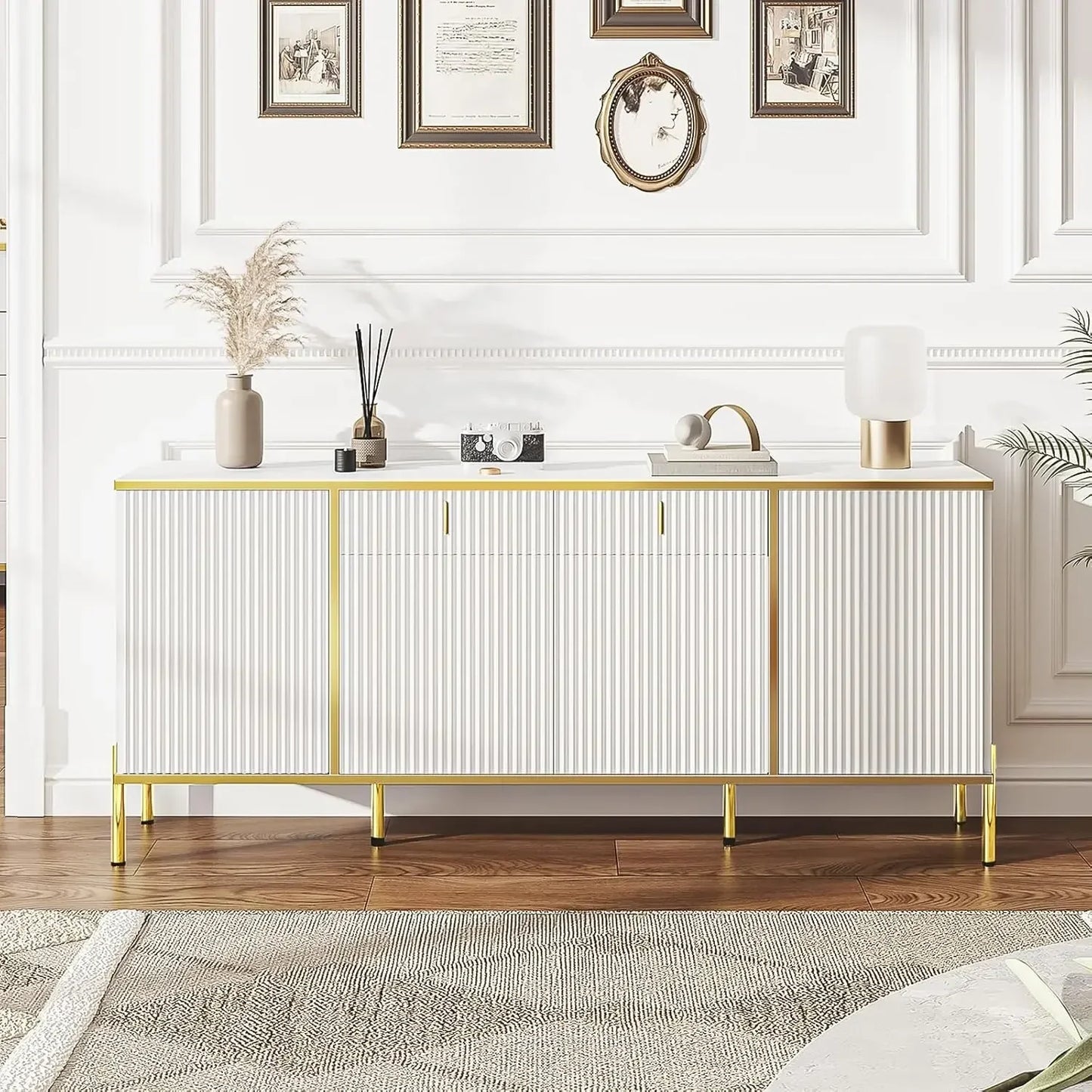 60" Modern Sideboard Buffet Cabinet Fluted Storage Adjustable Shelves