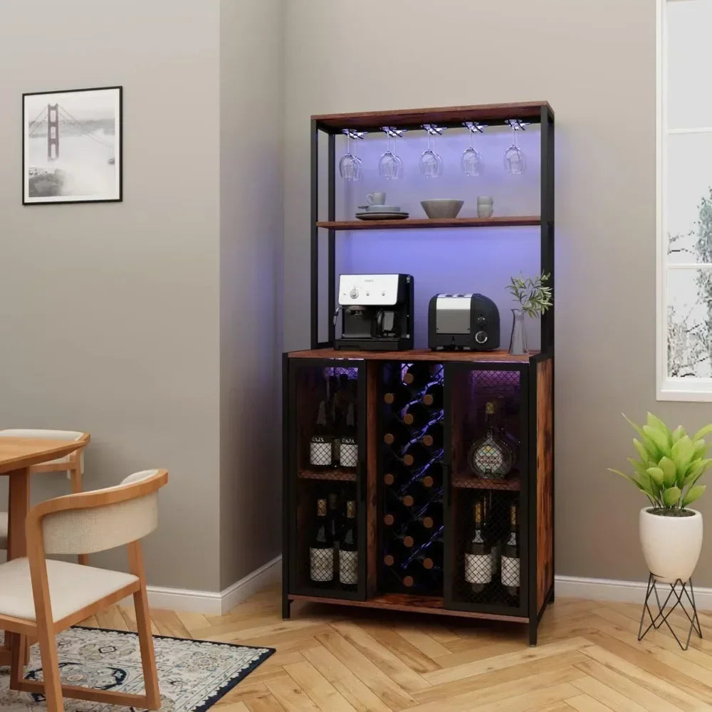 Wine Bar Cabinet with LED Lights Adjustable Shelves Industrial Coffee Bar