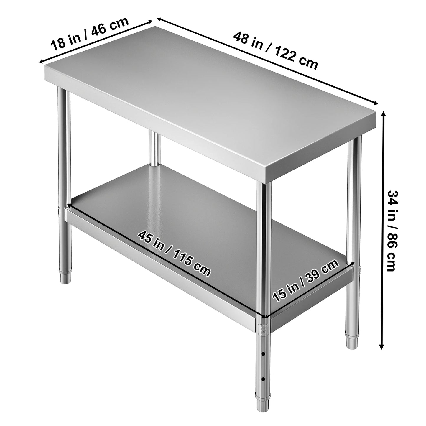 VEVOR Stainless Steel Prep Table Heavy Duty Adjustable Undershelf 550lbs
