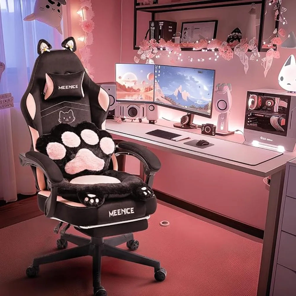 Cute Gaming Chair with Cat Ears Lumbar Cushion Ergonomic Footrest Reclining