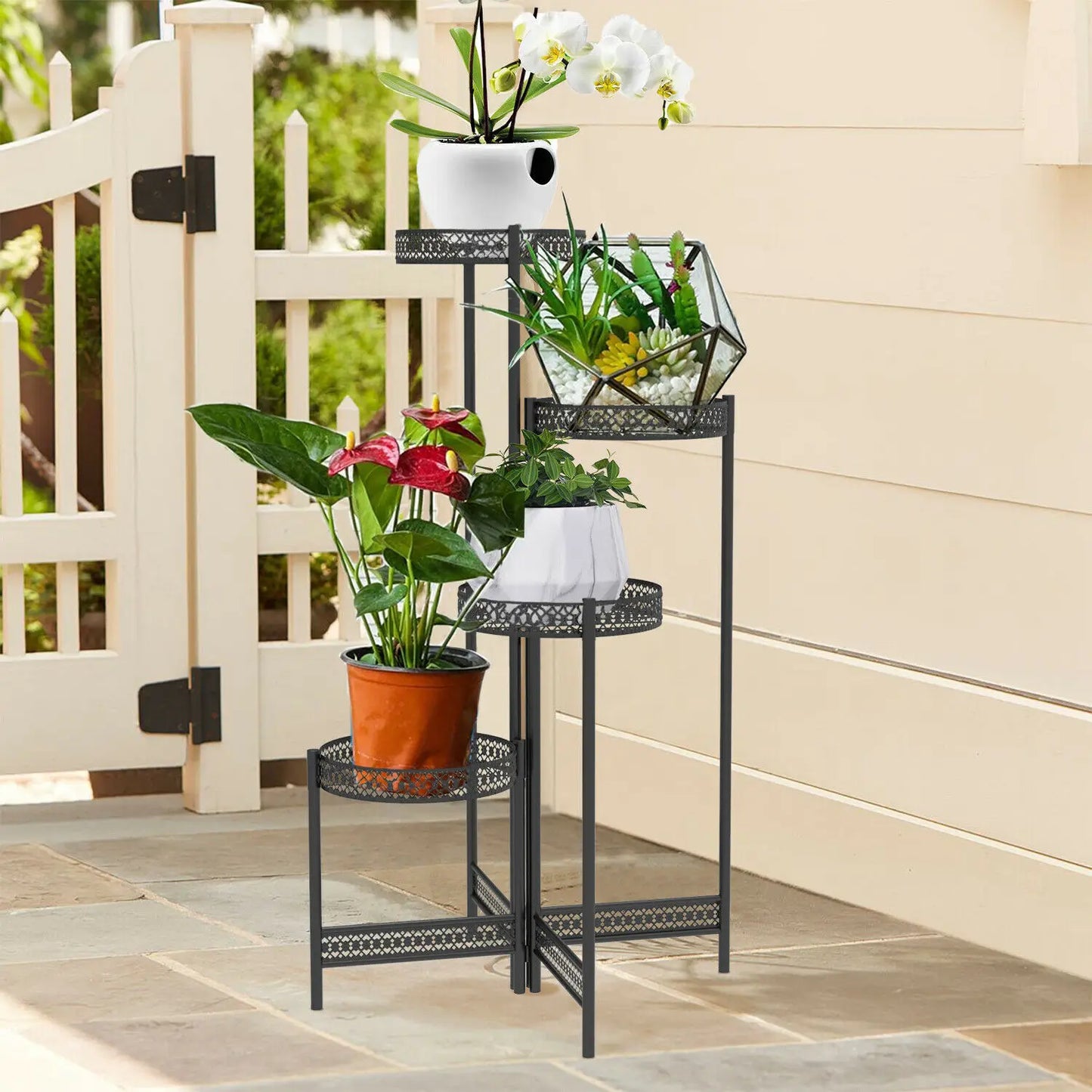 3 Tier Foldable Iron Metal Plant Stand Indoor Outdoor Flower Rack