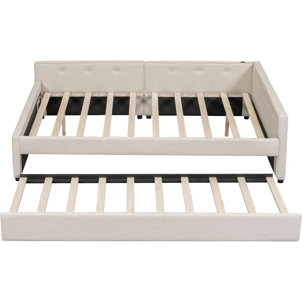 Queen Bed Frame with Trundle Linen Upholstered Daybed with USB Ports
