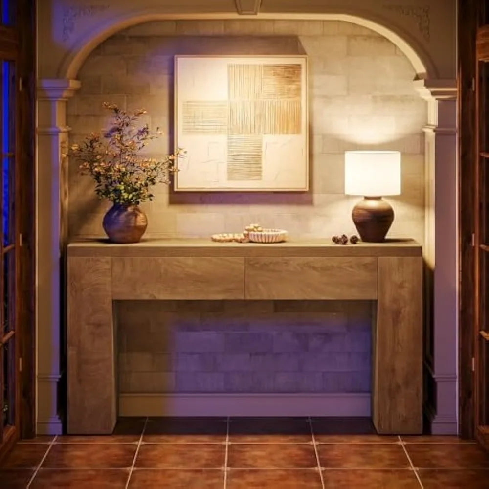 63 Inch Wooden Console Table with Hidden Drawers Rustic Farmhouse Style