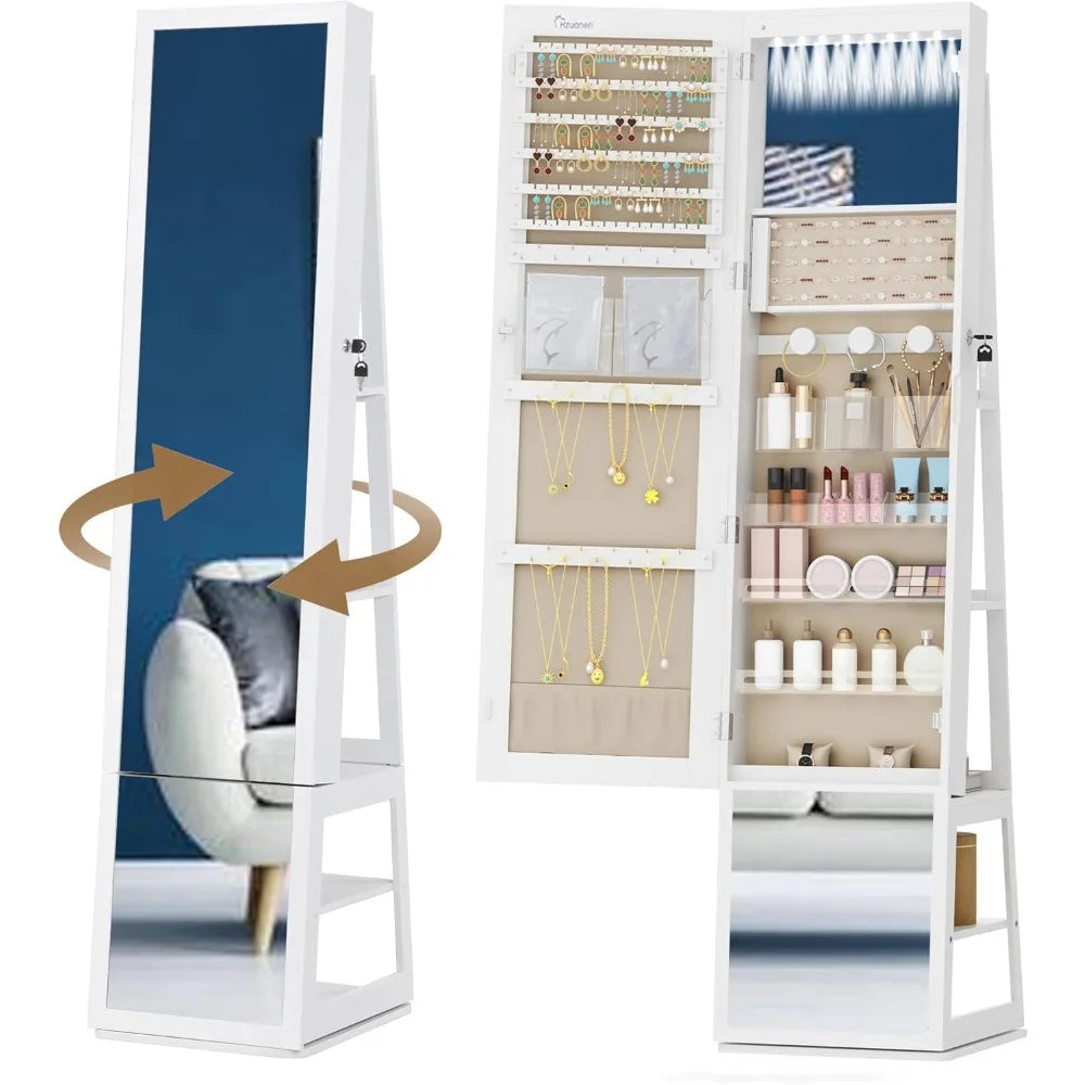 Ljustra 16 LED Jewelry Cabinet Armoire 360° Rotating Lockable Mirror