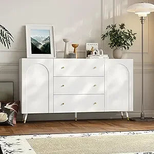 63 Inch White Sideboard Buffet Storage Cabinet Modern Wooden Credenza