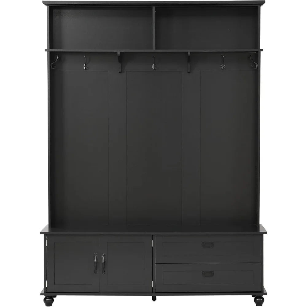 Rustic Hallway Tree with Cabinet and Shelves for Entryway Organization