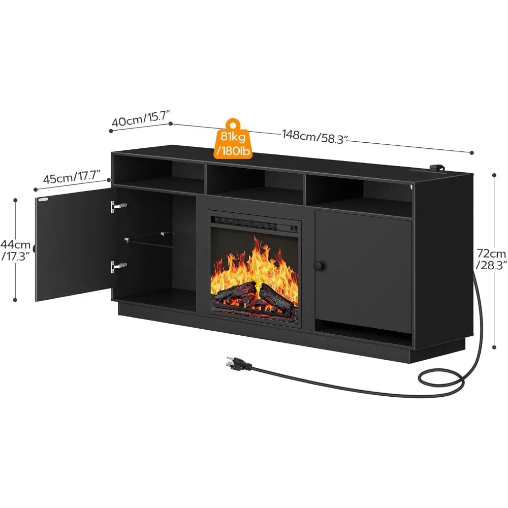 Electric Fireplace TV Stand with Charging Station for 32" to 65" TVs
