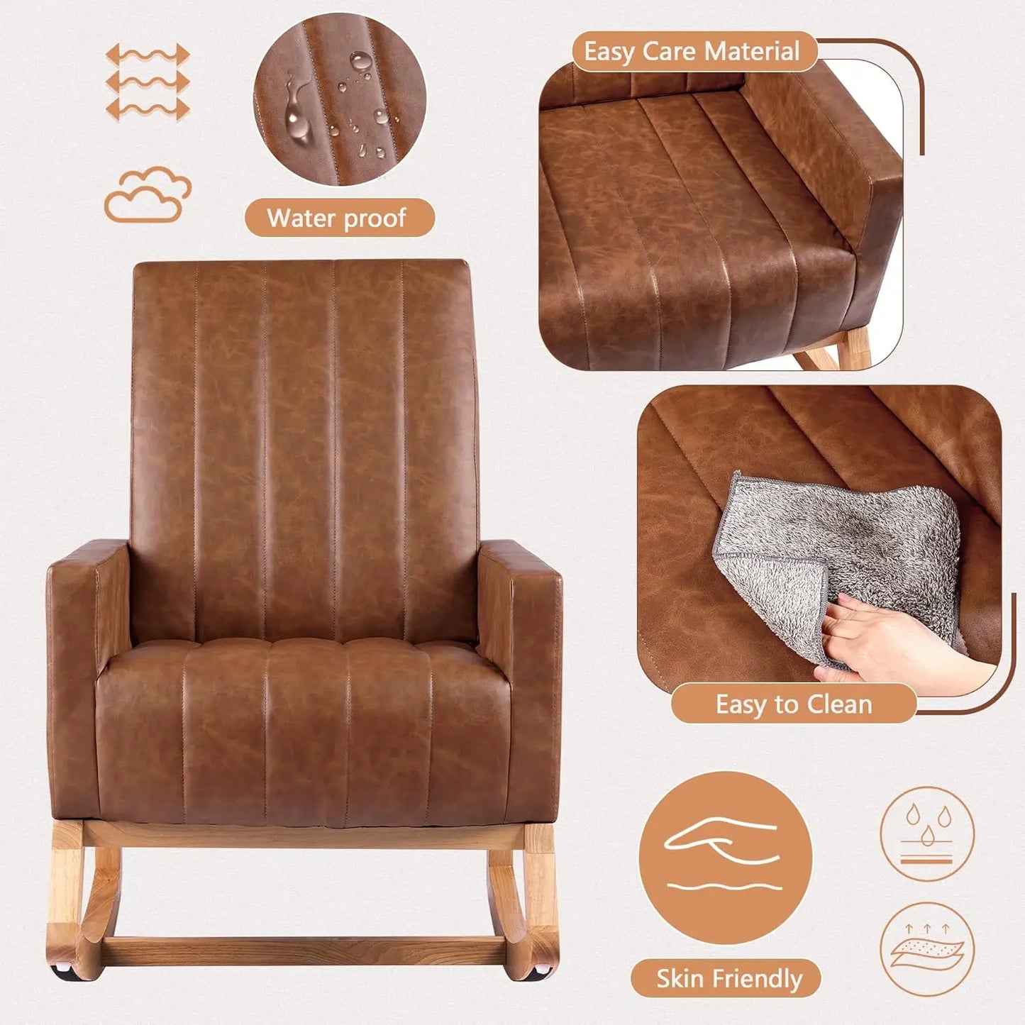 Rocking Chair Nursery Leather Upholstered Glider Modern Armchair USB Port