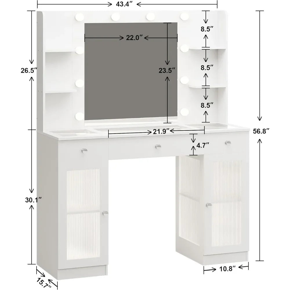 Makeup Vanity Desk with Mirror and Lights Storage Cabinet for Bedroom