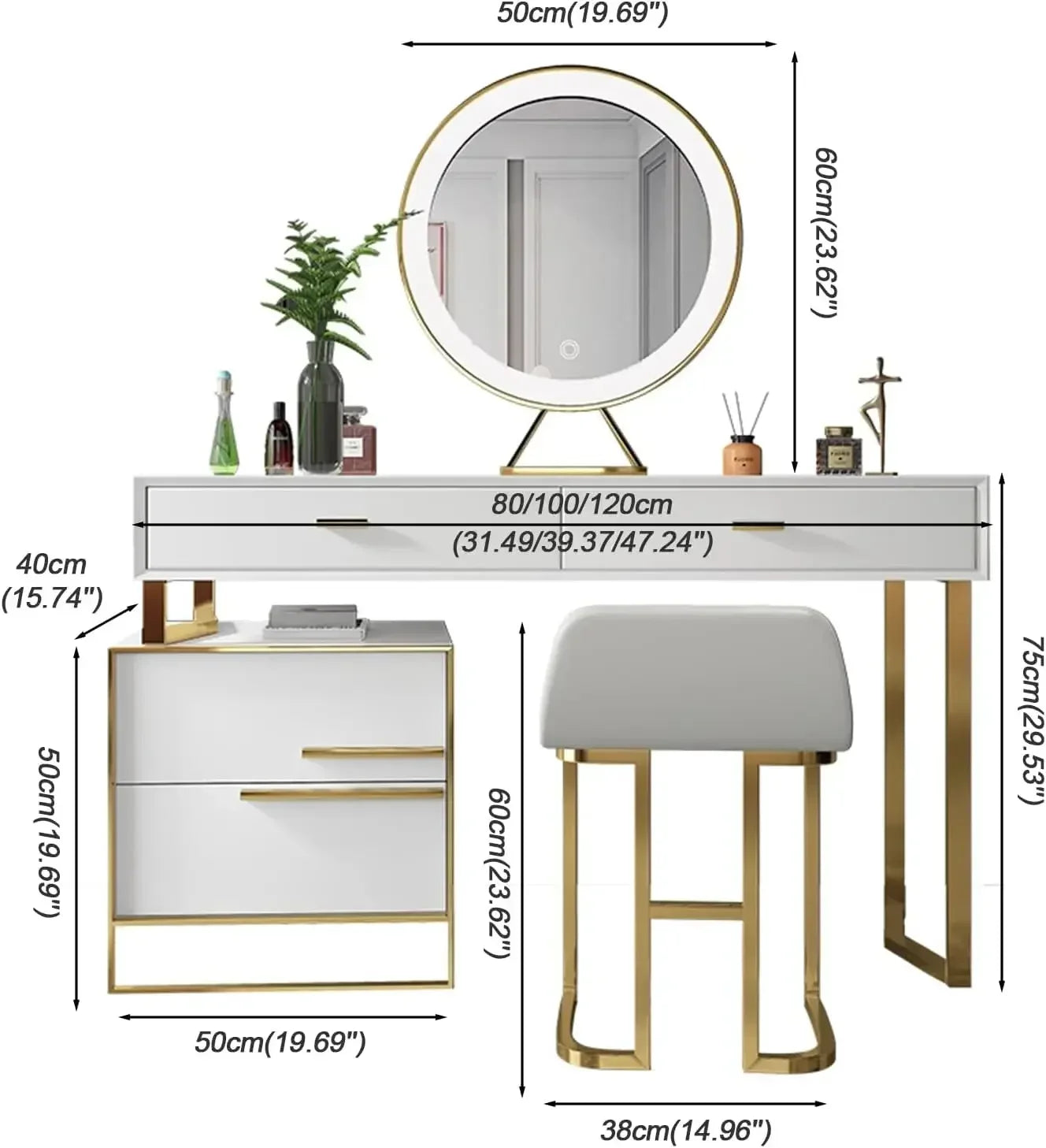 Makeup Vanity Set with Mirror and Lights Dresser Table 4 Drawer Stool