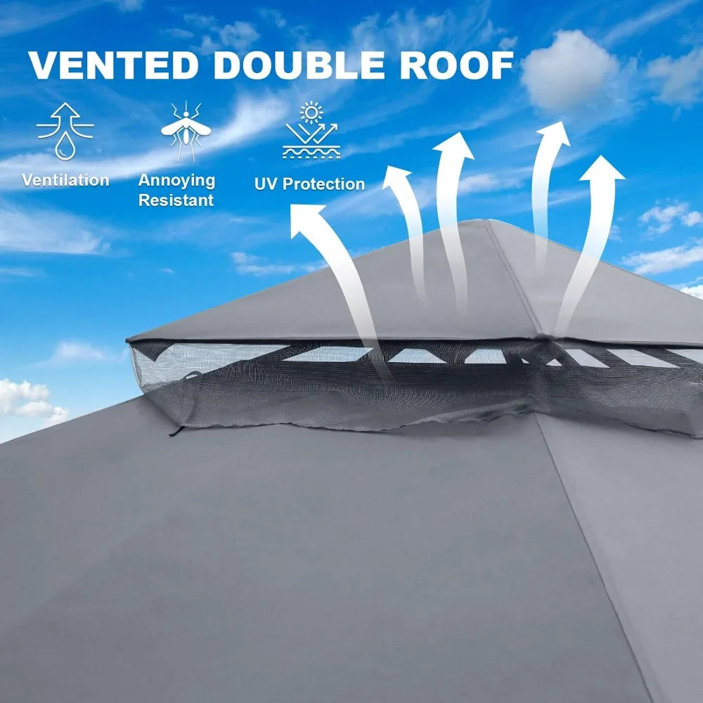 10x12 Outdoor Gazebo Tent with Netting Double Roof Patio Pavilion