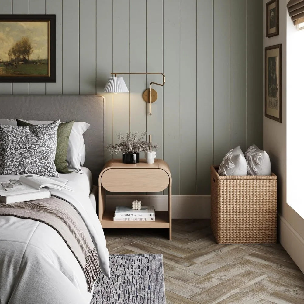 Mid Century Modern Nightstand Storage End Table Rounded Light Oak