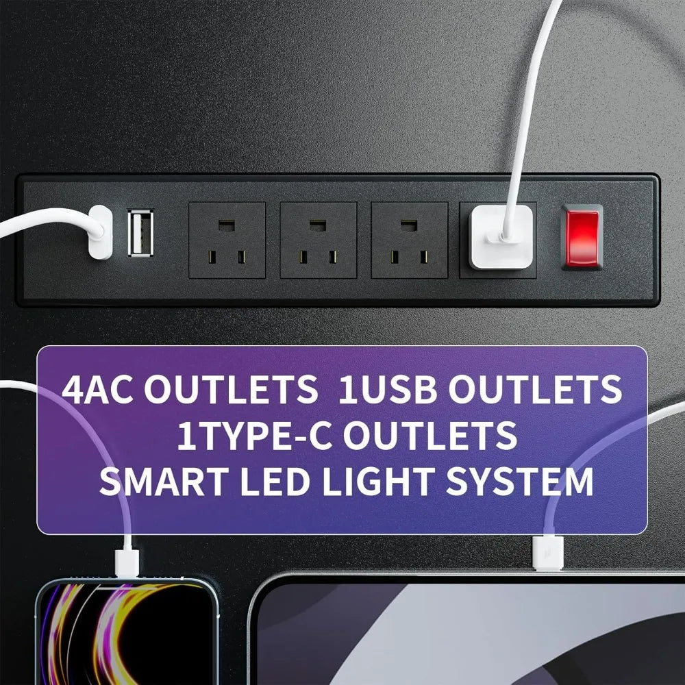 L Shaped Corner Desk with Drawers LED Lights Gaming Office Storage