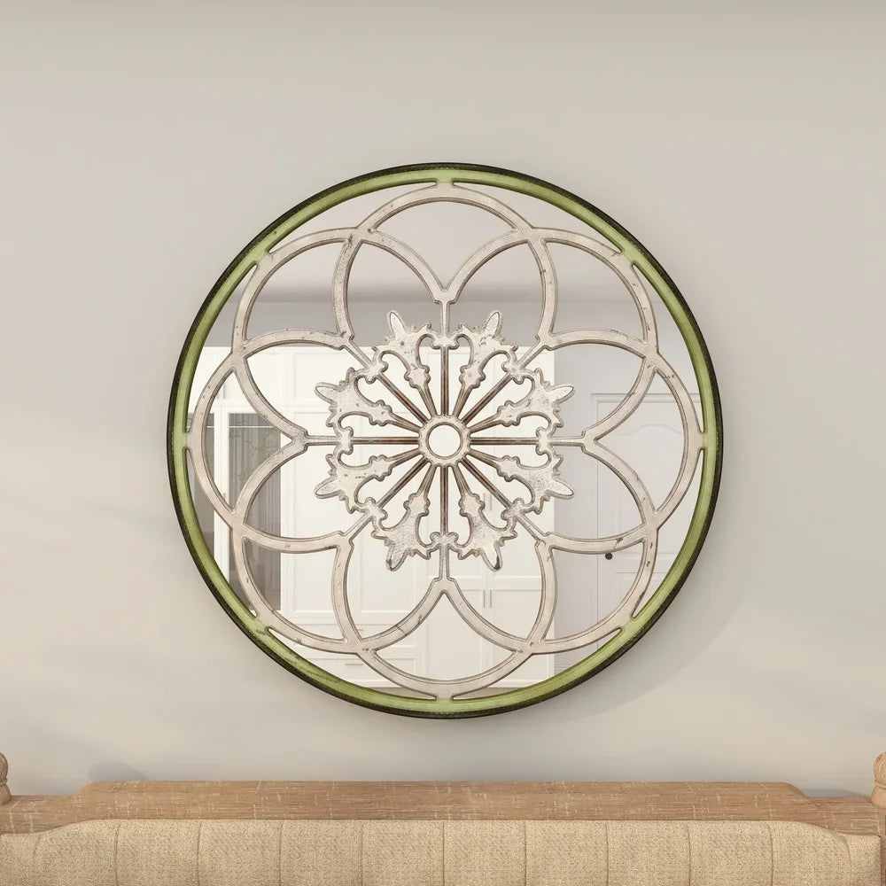 Vintage Floral Wall Mirror 40 Inch Round Fretwork Fleur-de-lis Design