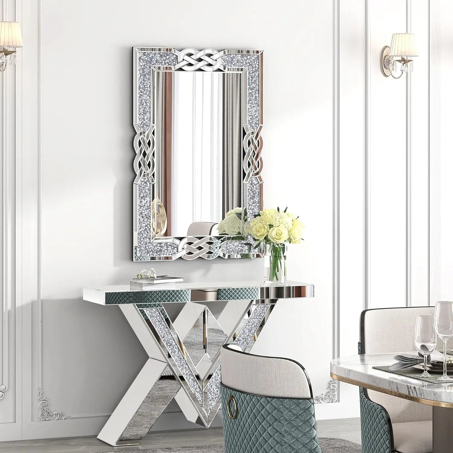 Large Crystal Crush Diamond Mirror Vanity Wall Decor for Bedroom Living Room