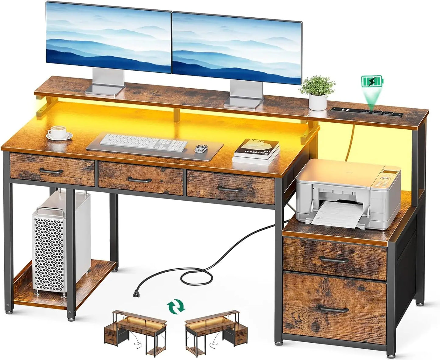 55 Inch Computer Desk with Drawers LED Lights Monitor Stand Storage