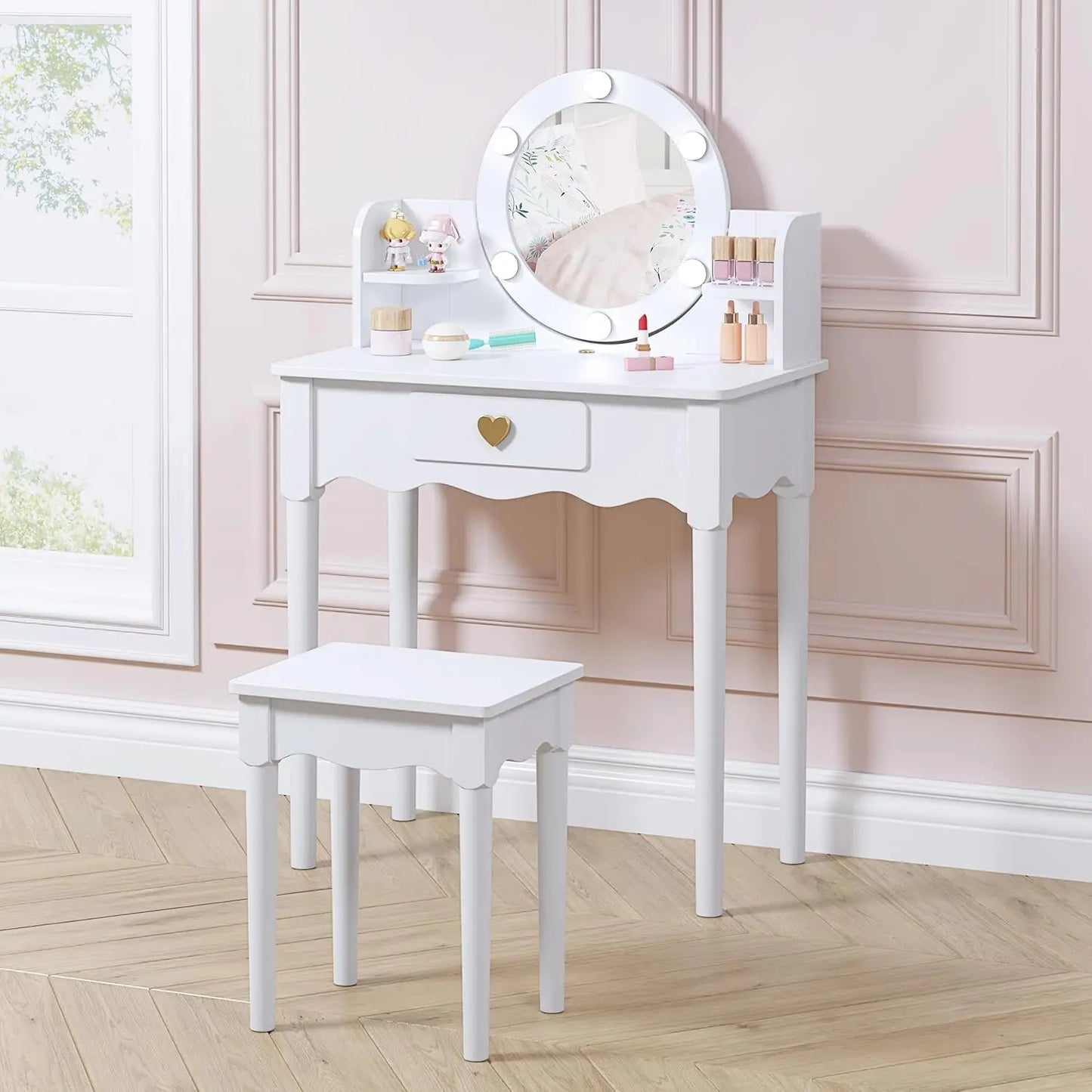 Kids Vanity Set with Mirror Stool Lights for Girls Pretend Play Furniture