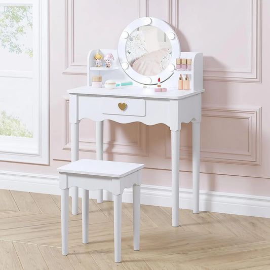Kids Vanity Set with Mirror Stool Lights for Girls Pretend Play Furniture